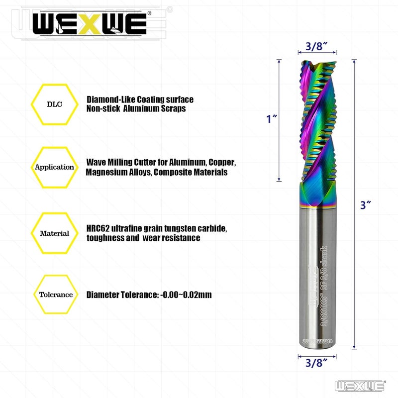 WEXWE Store Tools Roughing End Mill, DLC Diamond-Like Coating Carbide Milling Cutter for Aluminum, Copper, Magnesium Alloys, Composite Materials, 3 Flute, 1/4" Shank（2 Piece, 3/8"-3" L - Image 2